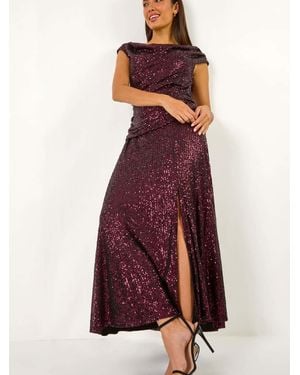 Roman Sequin Cowl Neck Maxi Stretch Dress - Purple