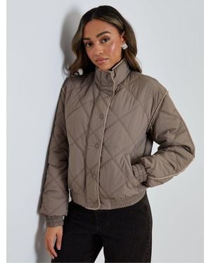 Threadbare Quilted Funnel Neck Bomber Jacket - Brown