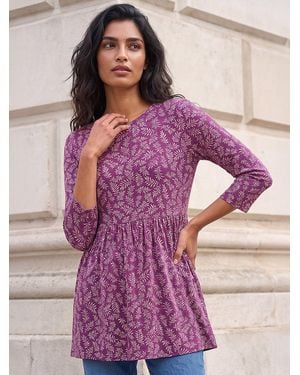 Roman Leaf Print Gathered Tunic Top - Purple