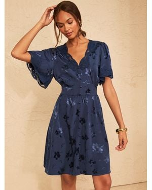 Love & Roses Lace Satin Mini Tea Dress - Blue
