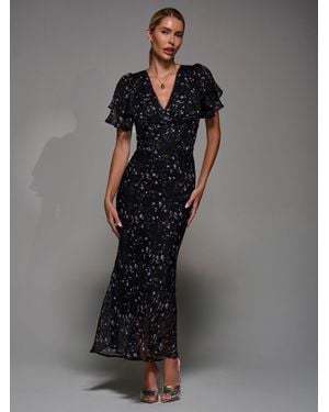 Jolie Moi V-Neck Frill Sleeve Chiffon Midaxi Dress - Gray