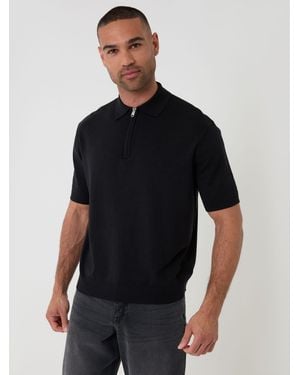 Threadbare Relaxed Fit Knitted Quarter Zip Polo Shirt - Black