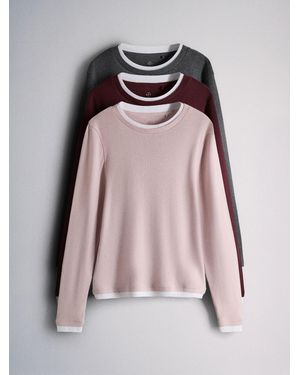 The Set Long Sleeve 3 Pack Mock Layer Semi Sheer Soft Touch T-Shirts Marl//Burgundy - Pink