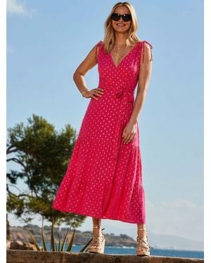 Sosandar Metallic Fleck Print Tie Waist Wrap Midaxi Dress - Red