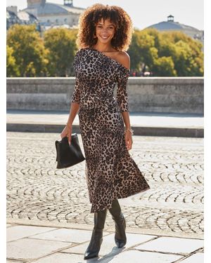 Sosandar Leopard Print Off The Shoulder Dress - Metallic