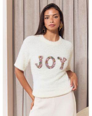 Lipsy Joy Christmas Fluffy Knitted Top - White