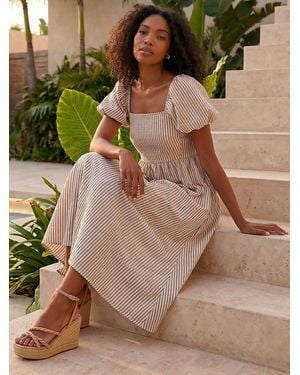 Roman Stripe Puff Sleeve Midi Dress - Braun
