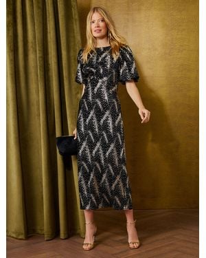Love & Roses Golden Foil Velvet Ruched Front V-Neck Midi Dress - Green