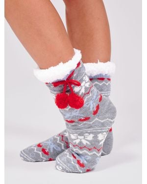 Loungeable Knitted Cherry Bow Fairisle Socks With Pom Pom Detail - White