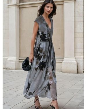 Religion Lilian Maxi V-Neck Occasion Dress With Tie Waist And Stud Neck Trim - Gray