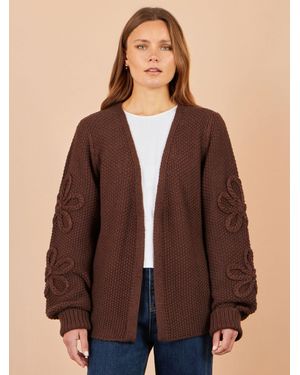 Yumi' Edge To Edge Cardigan With Flower Detail Sleeves - Brown