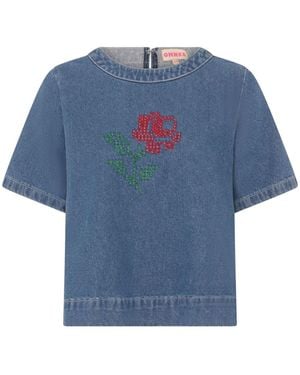 OMNES Cally 100% Cotton Cross-Stitched Embroidered Denim Blouse - Blue