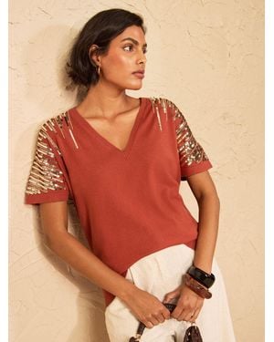 Love & Roses Love & Roses Rust Sequin Detail Batwing Style V-Neck Knitted Top - Orange