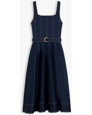 Tommy Hilfiger Topstitch Square Neck Belted Midi Dress - Blue