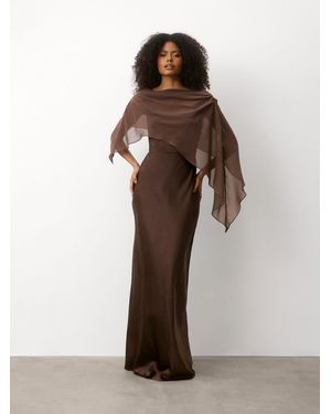 Six Stories Square Neck Satin Bridesmaid Dress With Chiffon Cape - Brown