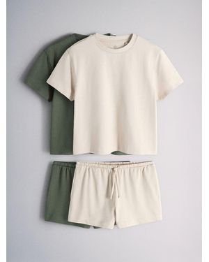 The Set 2 Pack Cropped T-Shirt And Shorts Co-Ords Set Khaki/Cream - White