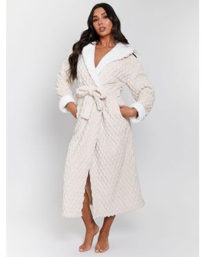 Loungeable Geometric Luxury Fleece Hooded Maxi Dressing Gown - White