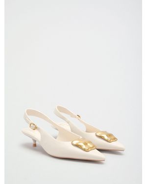 Friends Like These Faux Leather Hardware Pointed Toe Slingback Kitten Heel Court Shoes - Natural