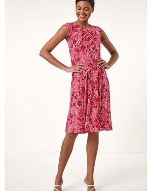 Roman Ditsy Floral Keyhole Twist Dress - Red