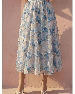 Roman Textured Mesh Floral Midi Skirt - Blue