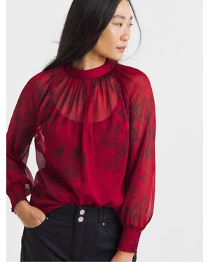JD Williams Floral Print High Neck Chiffon Long Sleeve Blouse - Red