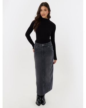 Threadbare Back Split Denim Midaxi Skirt - Black