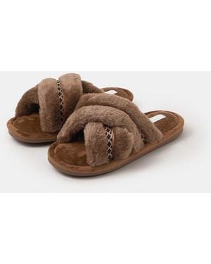 Accessorize Fluffy Braid Crossover Slide Slippers - Brown