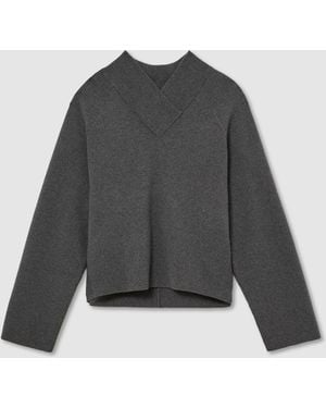 Reiss Charcoal Elle Wool-Cotton Blend High V-Neck Sweater - Gray
