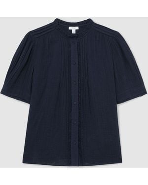Reiss Cotton Muslin Frill-Neck Top - Blue