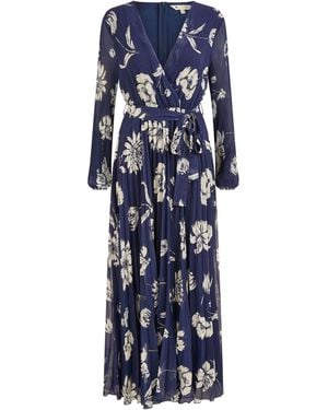 Yumi' Floral Print Pleated Wrap Long Sleeve Dress - Blue