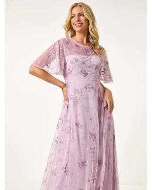 Roman Petite Embroidered Midi Dress - Pink