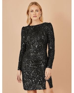 Yumi' Sequin Long Sleeve Fitted Dress - Black