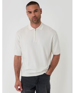Threadbare Relaxed Fit Knitted Quarter Zip Polo Shirt - White