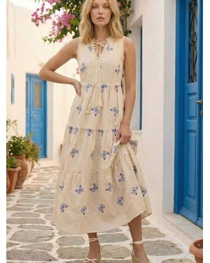Roman Butterfly Print Tiered Midi Dress - Blue