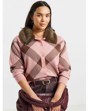 Simply Be Fur Collared Check Cardigan - Pink