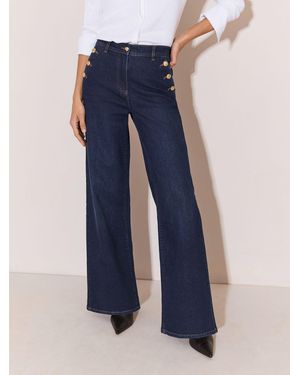 Lipsy Dark Wash Petite High Waist Sailor Buttons Wide Leg Jeans - Blue
