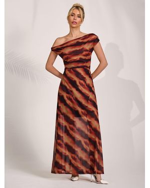 Jolie Moi Mesh Asymmetrical Off-Shoulder Maxi Dress - Red