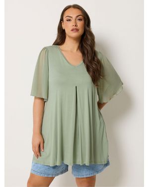Yours Curve Pleated Front Swing Mesh Sleeve Top - Green