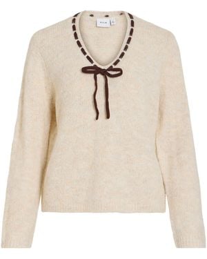 Vila V-Neck Long Sleeve Bow Detail Knit Top - Natural