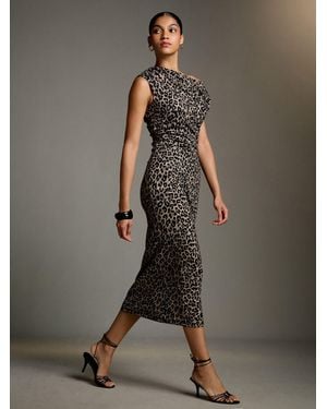 Next Off Shoulder Draped Ruched Occasion Midi Dress - Brown