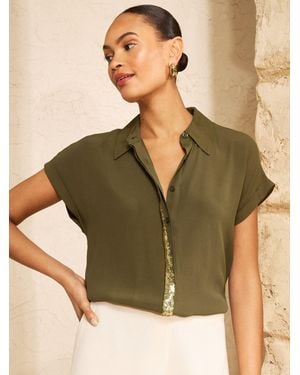 Love & Roses Petite Roll Sleeve Button Through Sequin Trim Shirt - Green