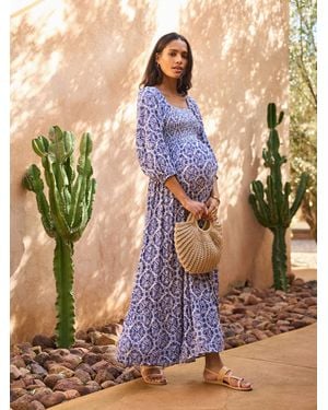 Seraphine Crepe Shirred Bodice Maternity Maxi Dress - Blue