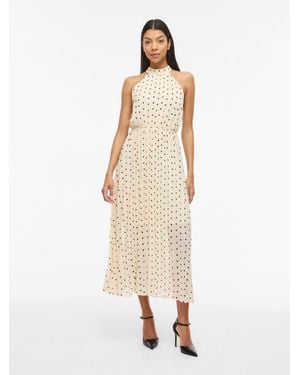 Vila Pleated Spot Halterneck Ankle Dress - Natural