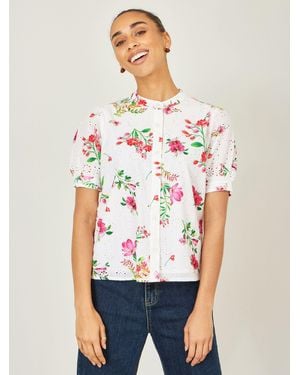 Yumi' Cotton Broderie Anglaise Floral Shirt - White