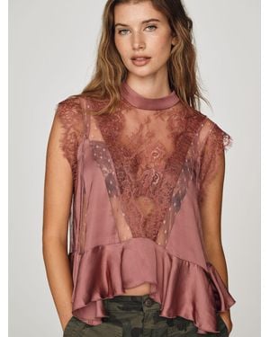 Anthropologie Harmony Sheer Lace Peplum Blouse - Red
