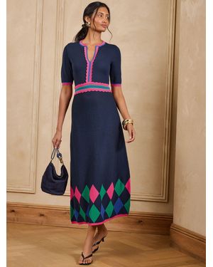 Love & Roses Petite Short Sleeve Knotch Neck Argyle Detail Knitted Midi Dress - Blue