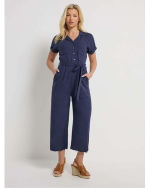 M Com Tie Waist Linen Blend Jumpsuit - Blue