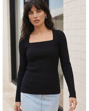 Roman Square Neck Rib Knit Blouse - Black