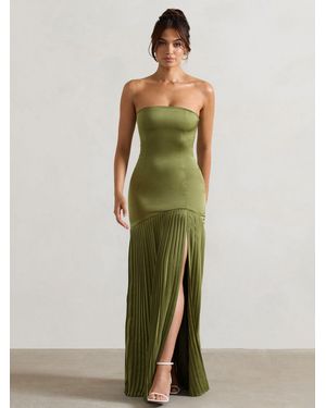 Club L London Confidence Satin Bandeau Pleated Split Maxi Dress - Green