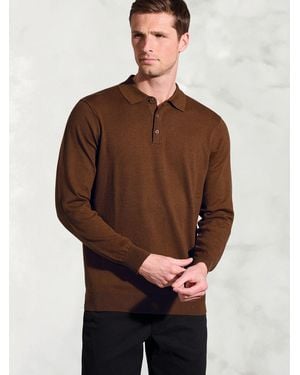 Brook Taverner Cotton Merino Long Sleeve Polo Shirt - Brown